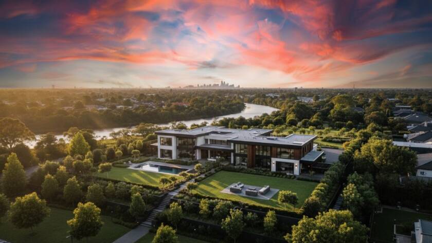 Professional drone perspective capturing a stunning twilight view of a modern property in Braybrook, showcasing expansive grounds and city skyline in the distance, embodying superior Braybrook Victoria drone photography for real estate marketing.