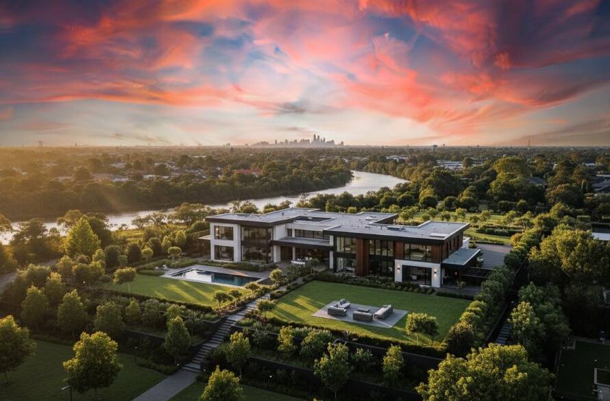 Professional drone perspective capturing a stunning twilight view of a modern property in Braybrook, showcasing expansive grounds and city skyline in the distance, embodying superior Braybrook Victoria drone photography for real estate marketing.