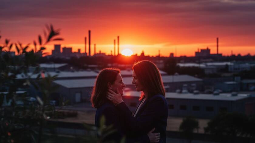 An epic moment captured in Braybrook Victoria engagement photography vibrant industrial charm, featuring a couple embracing passionately against a dramatic sunset backdrop near Braybrook's iconic industrial architecture, professionally colour-graded.