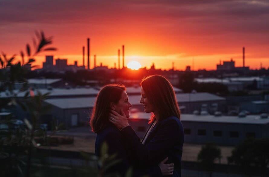 An epic moment captured in Braybrook Victoria engagement photography vibrant industrial charm, featuring a couple embracing passionately against a dramatic sunset backdrop near Braybrook's iconic industrial architecture, professionally colour-graded.