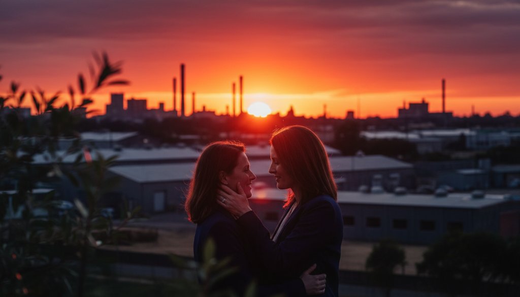 An epic moment captured in Braybrook Victoria engagement photography vibrant industrial charm, featuring a couple embracing passionately against a dramatic sunset backdrop near Braybrook's iconic industrial architecture, professionally colour-graded.