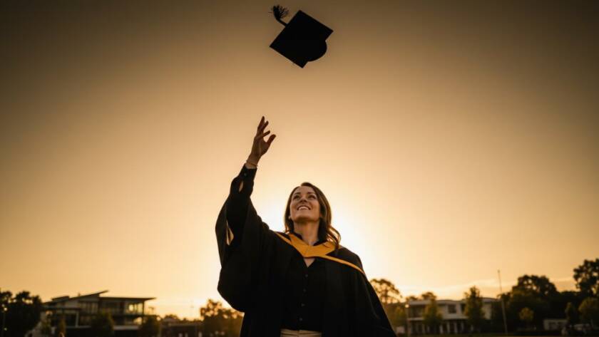 A dramatic, low-angle professional photograph capturing a graduating student in Braybrook, Victoria, joyfully tossing their cap against a vibrant, sunset-lit sky over Braybrook Oval, symbolizing Braybrook Victoria graduation photography cherished moments and future aspirations.