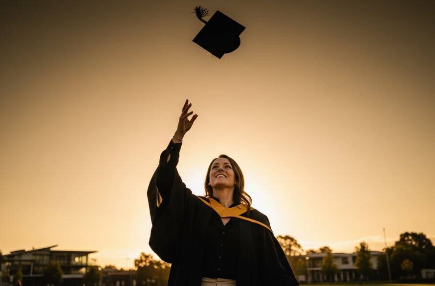 A dramatic, low-angle professional photograph capturing a graduating student in Braybrook, Victoria, joyfully tossing their cap against a vibrant, sunset-lit sky over Braybrook Oval, symbolizing Braybrook Victoria graduation photography cherished moments and future aspirations.