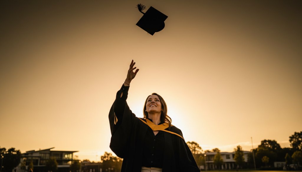 A dramatic, low-angle professional photograph capturing a graduating student in Braybrook, Victoria, joyfully tossing their cap against a vibrant, sunset-lit sky over Braybrook Oval, symbolizing Braybrook Victoria graduation photography cherished moments and future aspirations.