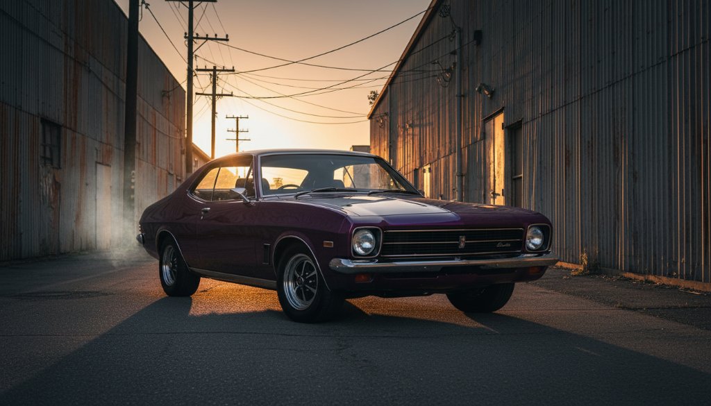 Dramatic shot of a classic muscle car parked at dusk in a industrial Braybrook alleyway, its chrome glinting under a single streetlamp, showcasing Braybrook's hidden gem car photography.