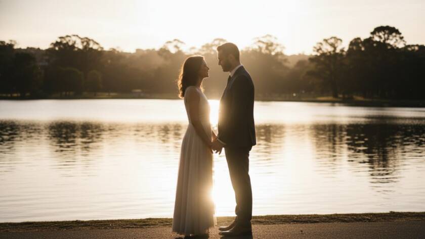 A couple shares a tender moment at sunset, silhouetted against a dramatic sky in one of the breathtaking Glen Waverley pre-wedding photography spots, capturing an epic pre-wedding portrait with professional lighting.