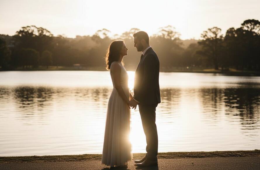 A couple shares a tender moment at sunset, silhouetted against a dramatic sky in one of the breathtaking Glen Waverley pre-wedding photography spots, capturing an epic pre-wedding portrait with professional lighting.