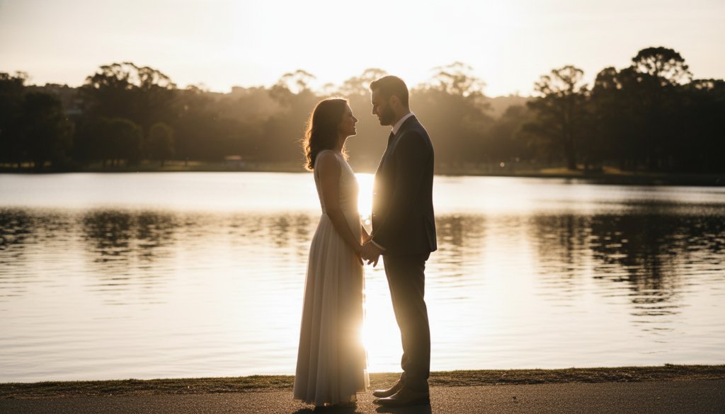 A couple shares a tender moment at sunset, silhouetted against a dramatic sky in one of the breathtaking Glen Waverley pre-wedding photography spots, capturing an epic pre-wedding portrait with professional lighting.