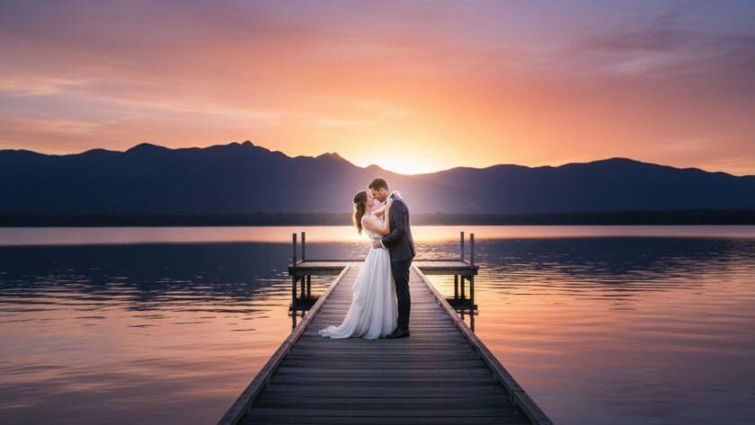 A newlywed couple sharing a breathtaking Lysterfield Lake wedding photography candid capture, silhouetted against a golden sunset over the water, holding hands and laughing joyfully, showcasing an epic, romantic moment.