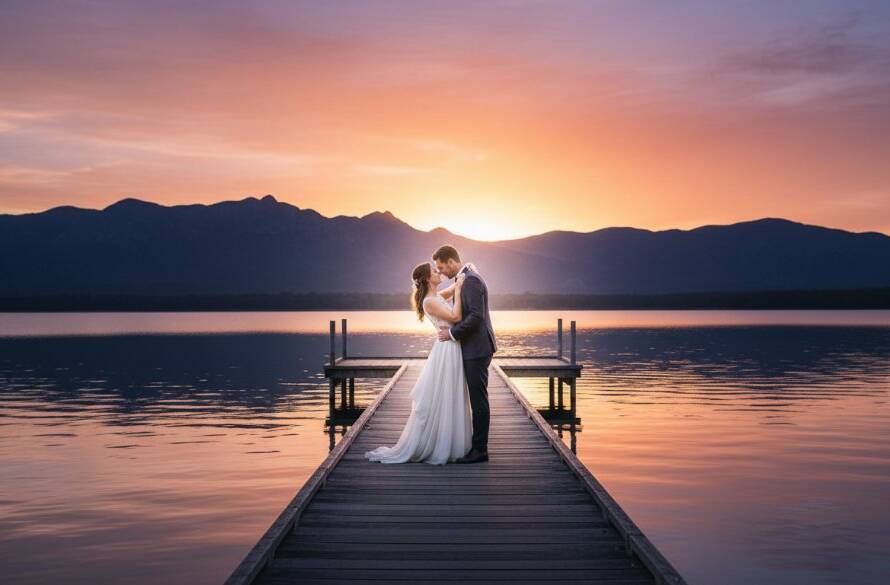 A newlywed couple sharing a breathtaking Lysterfield Lake wedding photography candid capture, silhouetted against a golden sunset over the water, holding hands and laughing joyfully, showcasing an epic, romantic moment.