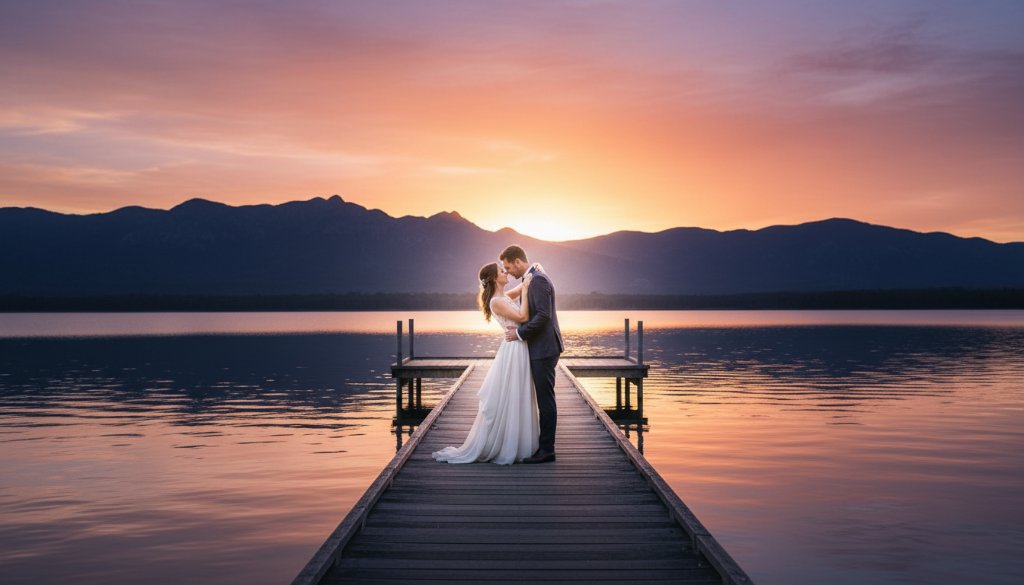 A newlywed couple sharing a breathtaking Lysterfield Lake wedding photography candid capture, silhouetted against a golden sunset over the water, holding hands and laughing joyfully, showcasing an epic, romantic moment.