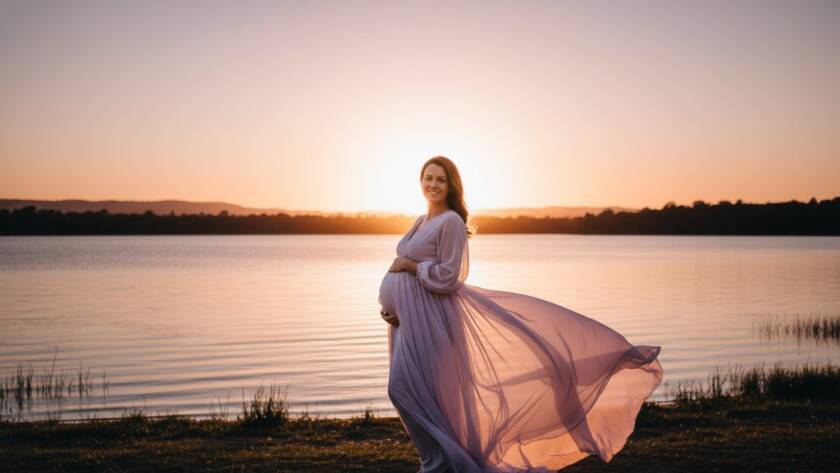 A pregnant woman in a flowing gown, silhouetted against a dramatic sunset at Lysterfield Lake in Rowville, Victoria, embodying breathtaking maternity photography Rowville VIC, with golden light illuminating her silhouette and the surrounding natural beauty.