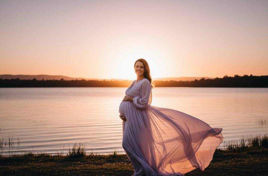 A pregnant woman in a flowing gown, silhouetted against a dramatic sunset at Lysterfield Lake in Rowville, Victoria, embodying breathtaking maternity photography Rowville VIC, with golden light illuminating her silhouette and the surrounding natural beauty.