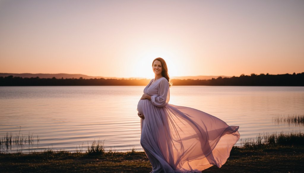 A pregnant woman in a flowing gown, silhouetted against a dramatic sunset at Lysterfield Lake in Rowville, Victoria, embodying breathtaking maternity photography Rowville VIC, with golden light illuminating her silhouette and the surrounding natural beauty.