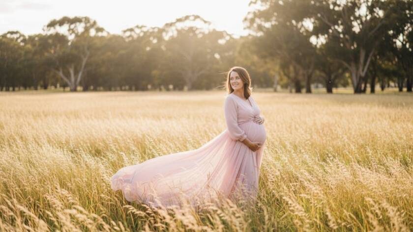 A serene pregnant woman in a flowing gown, silhouetted against a golden sunset in a lush Clayton South park, creating a breathtaking maternity photoshoot Clayton South VIC moment.
