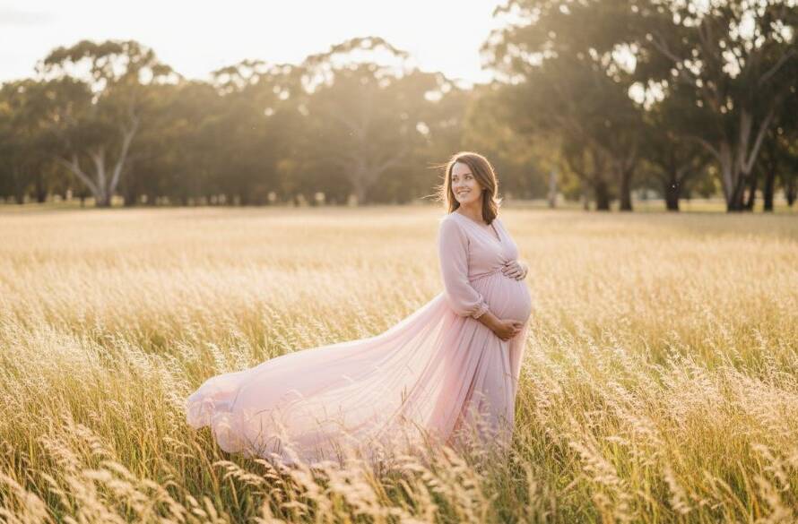 A serene pregnant woman in a flowing gown, silhouetted against a golden sunset in a lush Clayton South park, creating a breathtaking maternity photoshoot Clayton South VIC moment.