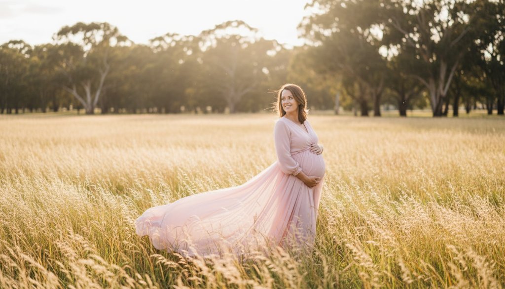 A serene pregnant woman in a flowing gown, silhouetted against a golden sunset in a lush Clayton South park, creating a breathtaking maternity photoshoot Clayton South VIC moment.