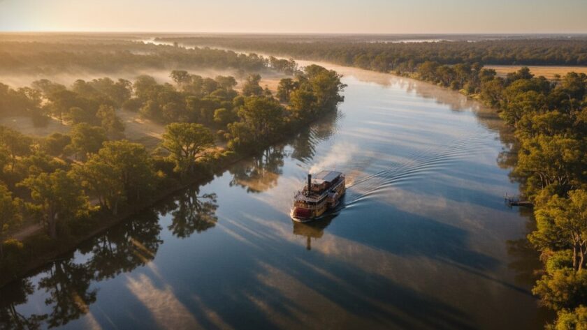 An epic aerial shot showcasing the breathtaking Moama Murray River drone photography, capturing a serene bend in the Murray River at sunrise with a paddle steamer gracefully gliding through the golden light, surrounded by lush river red gums.