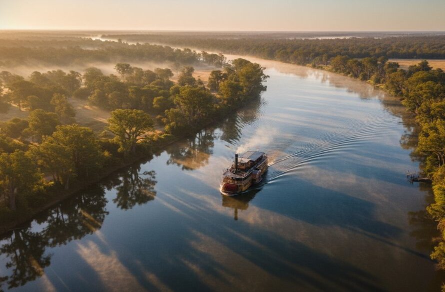 An epic aerial shot showcasing the breathtaking Moama Murray River drone photography, capturing a serene bend in the Murray River at sunrise with a paddle steamer gracefully gliding through the golden light, surrounded by lush river red gums.
