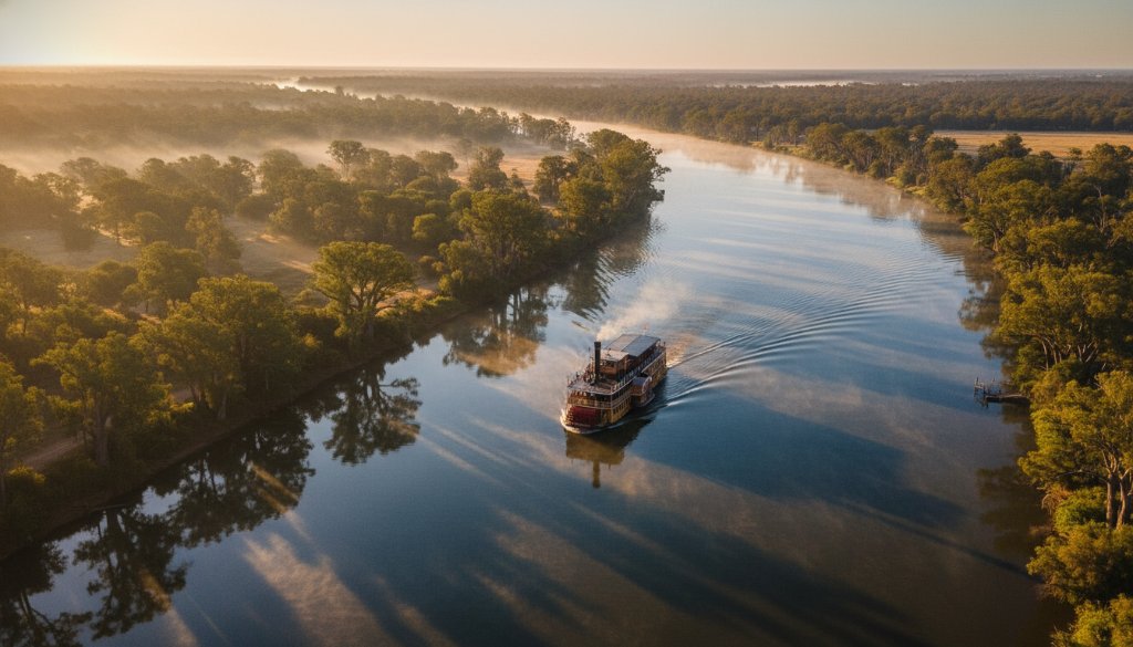 An epic aerial shot showcasing the breathtaking Moama Murray River drone photography, capturing a serene bend in the Murray River at sunrise with a paddle steamer gracefully gliding through the golden light, surrounded by lush river red gums.