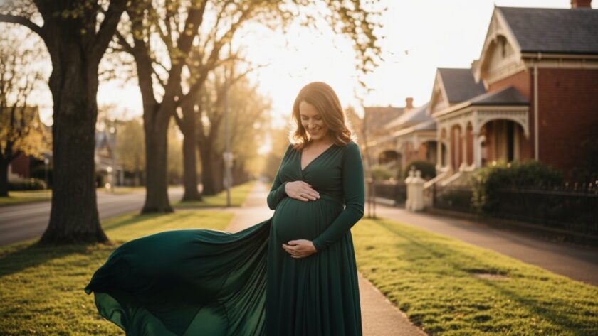 A glowing expectant mother, with a serene smile, stands silhouetted against a dramatic sunset over Lake Wendouree near Soldiers Hill, her hands gently cradling her baby bump, capturing a breathtaking Soldiers Hill maternity photoshoot experience with epic, professional lighting and rich, warm tones.