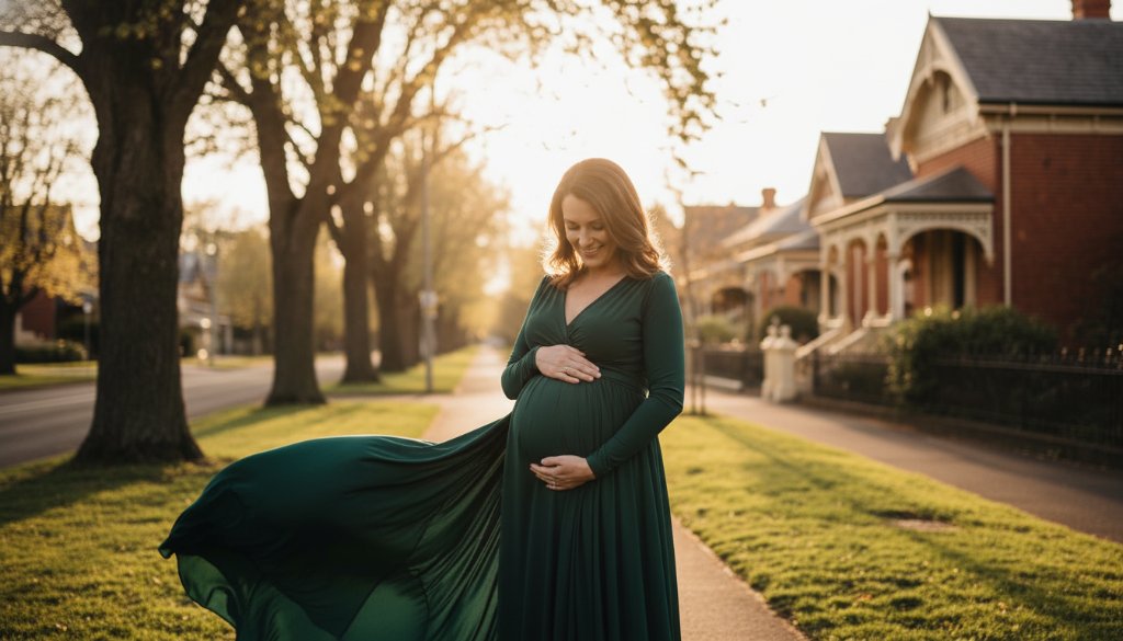 A glowing expectant mother, with a serene smile, stands silhouetted against a dramatic sunset over Lake Wendouree near Soldiers Hill, her hands gently cradling her baby bump, capturing a breathtaking Soldiers Hill maternity photoshoot experience with epic, professional lighting and rich, warm tones.