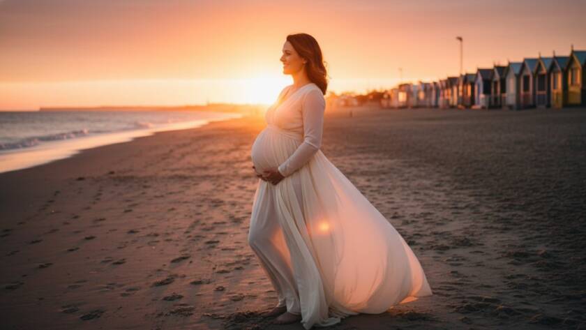 An expectant mother, silhouetted against a golden sunset at Brighton Beach, radiating joy during her Brighton Beach glowing maternity portraits, with the iconic bathing boxes in the soft background.