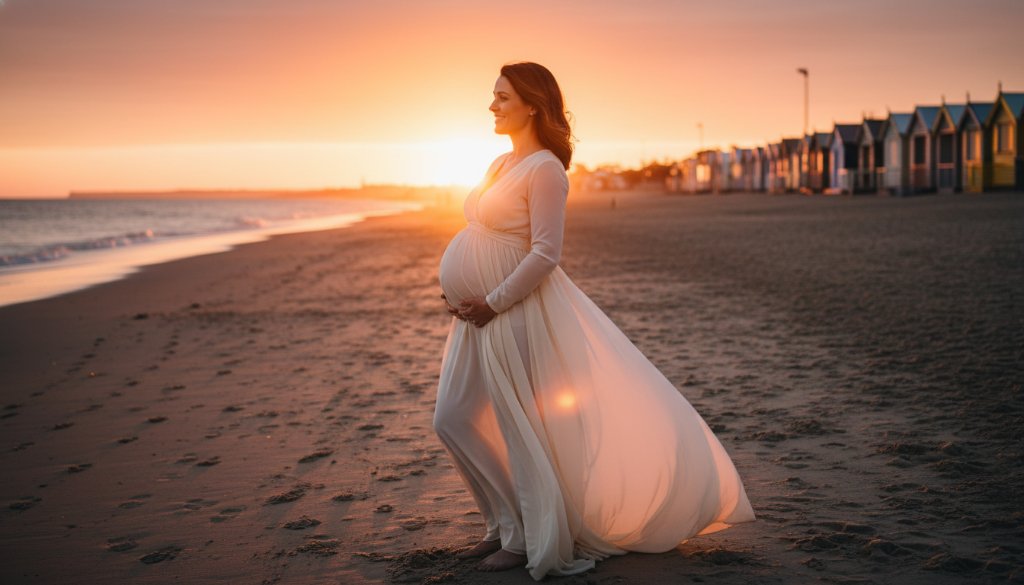 An expectant mother, silhouetted against a golden sunset at Brighton Beach, radiating joy during her Brighton Beach glowing maternity portraits, with the iconic bathing boxes in the soft background.