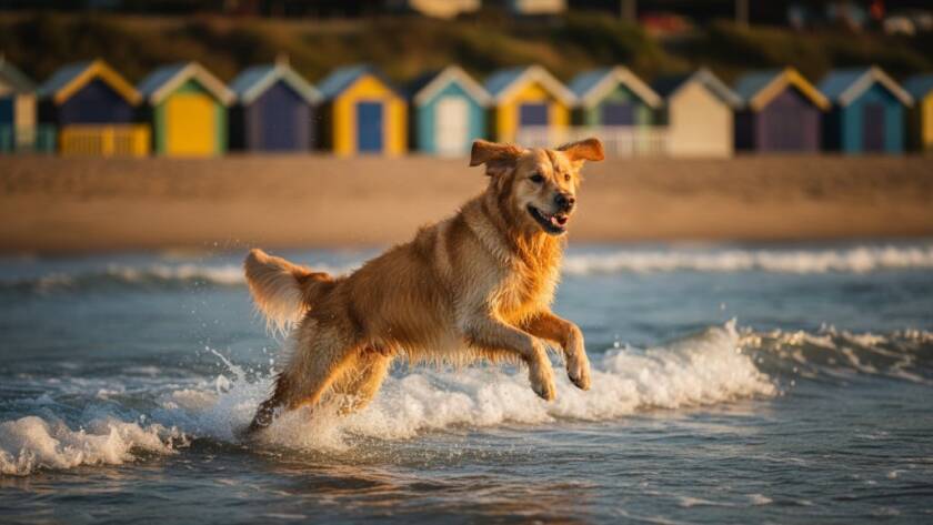 A golden retriever mid-leap, catching a frisbee against the vibrant sunset hues over Brighton beach, capturing Brighton beach pet photography joyful moments with dynamic action and dramatic lighting.