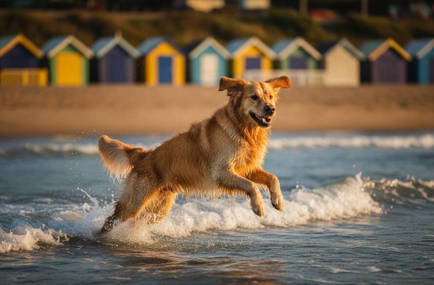 A golden retriever mid-leap, catching a frisbee against the vibrant sunset hues over Brighton beach, capturing Brighton beach pet photography joyful moments with dynamic action and dramatic lighting.