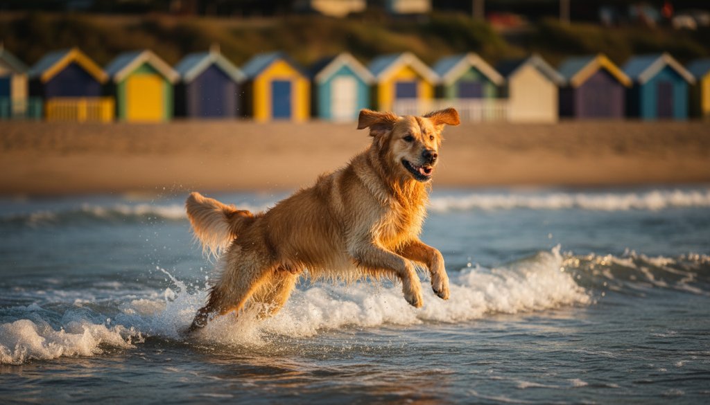 A golden retriever mid-leap, catching a frisbee against the vibrant sunset hues over Brighton beach, capturing Brighton beach pet photography joyful moments with dynamic action and dramatic lighting.