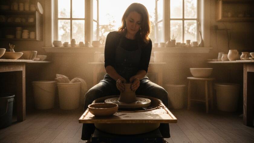 Dynamic wide shot capturing Brighton East Business Photography Elevating Local Brands, showcasing a local artisan meticulously crafting bespoke goods in a sun-drenched, rustic workshop in Brighton East, Victoria, with dramatic natural light highlighting their focused expression and the intricate details of their craft, embodying dedication and quality.