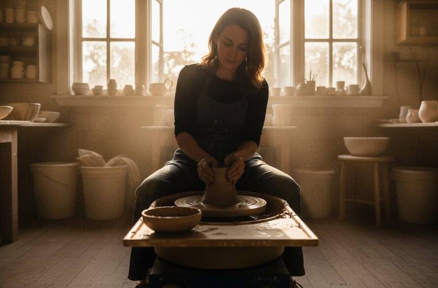 Dynamic wide shot capturing Brighton East Business Photography Elevating Local Brands, showcasing a local artisan meticulously crafting bespoke goods in a sun-drenched, rustic workshop in Brighton East, Victoria, with dramatic natural light highlighting their focused expression and the intricate details of their craft, embodying dedication and quality.