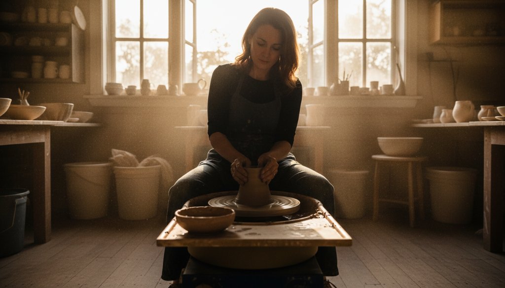 Dynamic wide shot capturing Brighton East Business Photography Elevating Local Brands, showcasing a local artisan meticulously crafting bespoke goods in a sun-drenched, rustic workshop in Brighton East, Victoria, with dramatic natural light highlighting their focused expression and the intricate details of their craft, embodying dedication and quality.