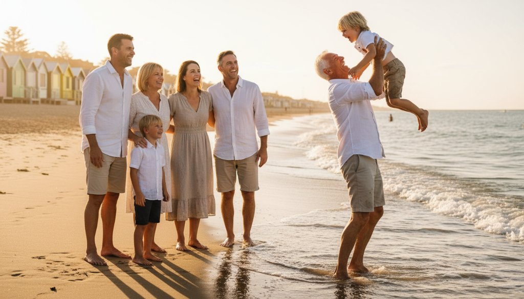 Brighton East Candid Photography Capturing Authentic Family Moments: A family joyfully playing on Brighton Beach at sunset, silhouetted against a golden sky, with the iconic bathing boxes in the background, embodying a genuine, unposed epic moment.