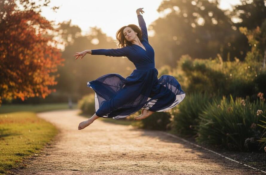 An exquisite, professionally shot image showcasing the dynamic flow and power of a dancer captured mid-leap against a beautiful Brighton East backdrop, embodying Brighton East dance photography captivating motion.