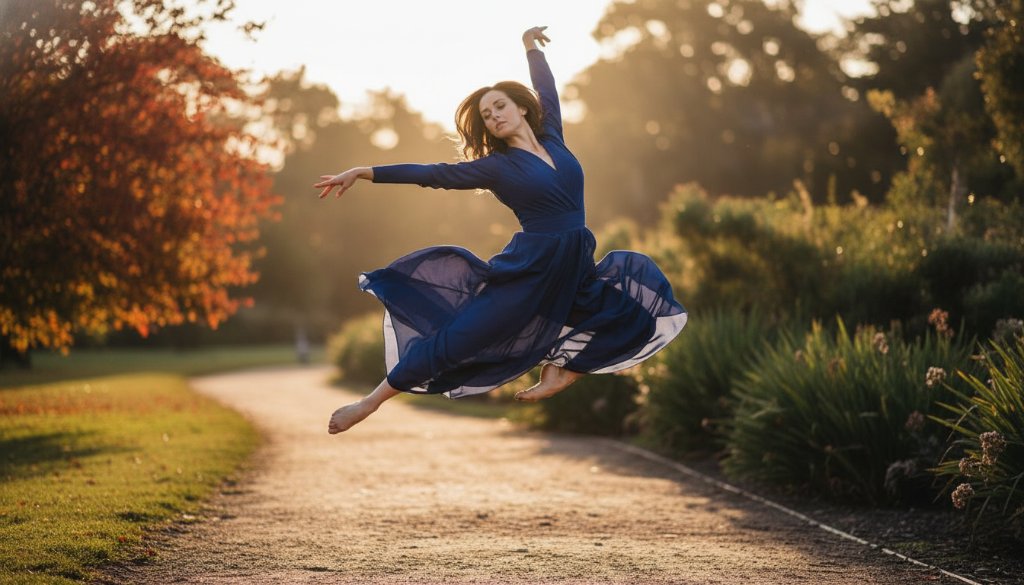 An exquisite, professionally shot image showcasing the dynamic flow and power of a dancer captured mid-leap against a beautiful Brighton East backdrop, embodying Brighton East dance photography captivating motion.