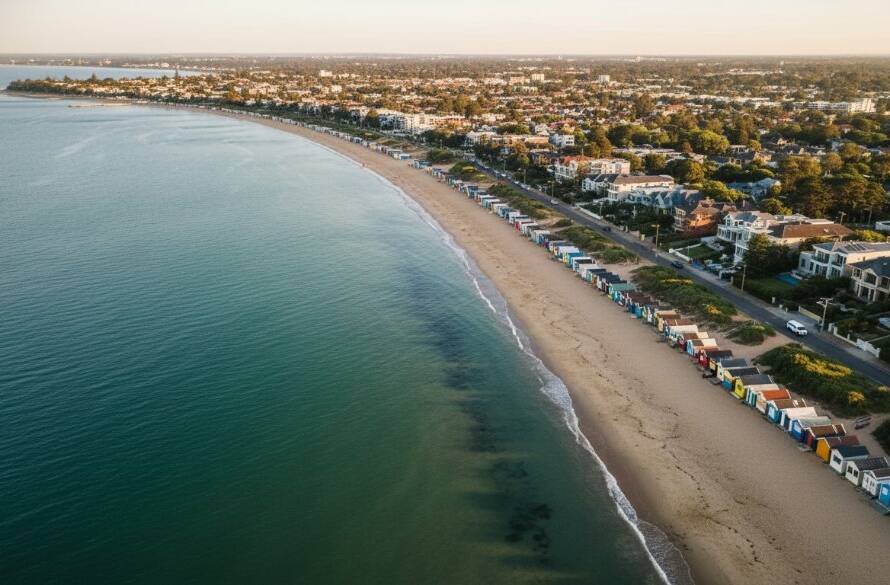 An epic, professional drone shot capturing Brighton East drone photography coastal perspectives, featuring vibrant bathing boxes along the beach with golden hour sunlight glinting off the water, creating a stunning, cinematic aerial landscape.