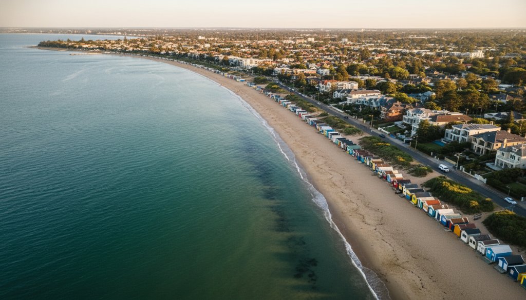 An epic, professional drone shot capturing Brighton East drone photography coastal perspectives, featuring vibrant bathing boxes along the beach with golden hour sunlight glinting off the water, creating a stunning, cinematic aerial landscape.
