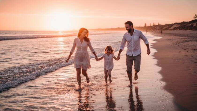 A vibrant, professionally color-graded wide shot capturing bright and genuine Brighton East family photography candid moments of a family laughing joyfully on Brighton East beach at golden hour, silhouetted against a spectacular sunset, showcasing their deep connection.