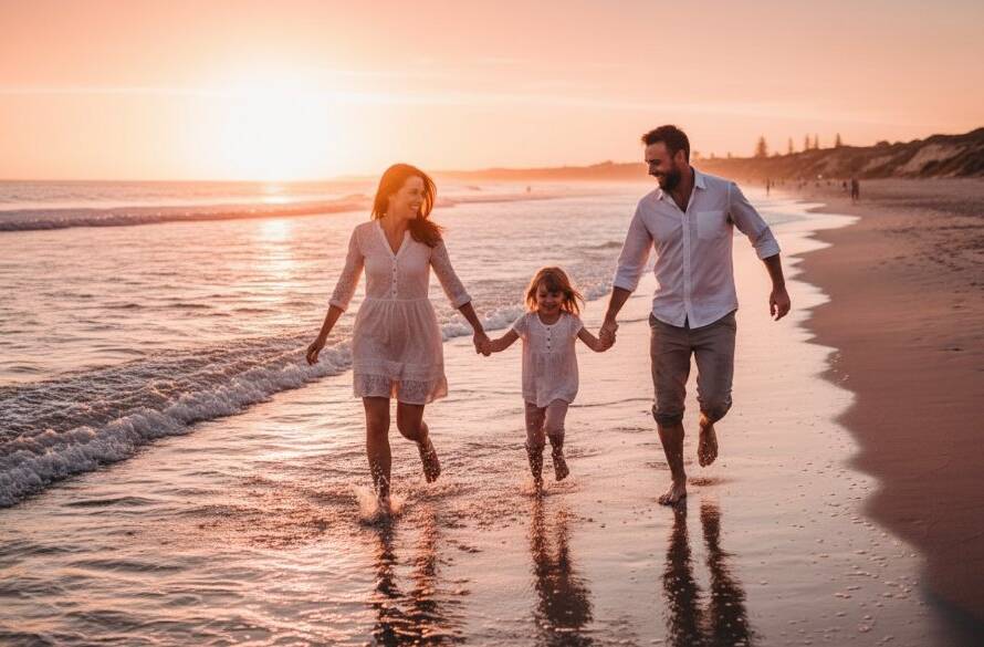 A vibrant, professionally color-graded wide shot capturing bright and genuine Brighton East family photography candid moments of a family laughing joyfully on Brighton East beach at golden hour, silhouetted against a spectacular sunset, showcasing their deep connection.
