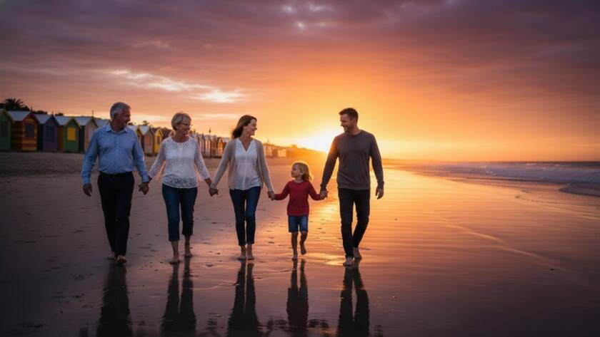 A breathtaking fine art photograph depicting a multi-generational family in Brighton East fine art photography capturing family legacy, silhouetted against a dramatic sunset at Brighton Beach, embracing warmly with golden hour light highlighting their joyous expressions and the iconic bathing boxes in the background.