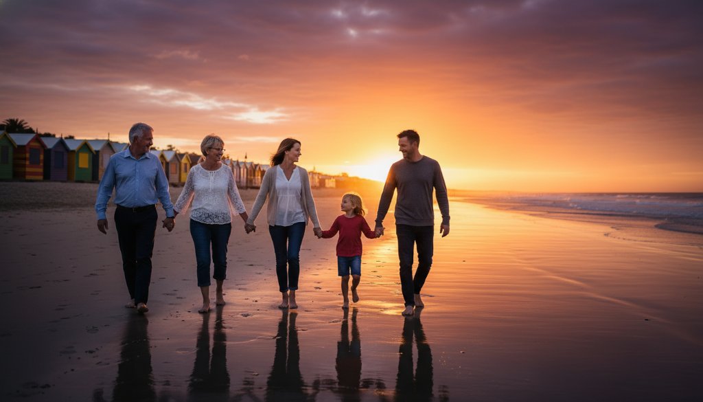 A breathtaking fine art photograph depicting a multi-generational family in Brighton East fine art photography capturing family legacy, silhouetted against a dramatic sunset at Brighton Beach, embracing warmly with golden hour light highlighting their joyous expressions and the iconic bathing boxes in the background.