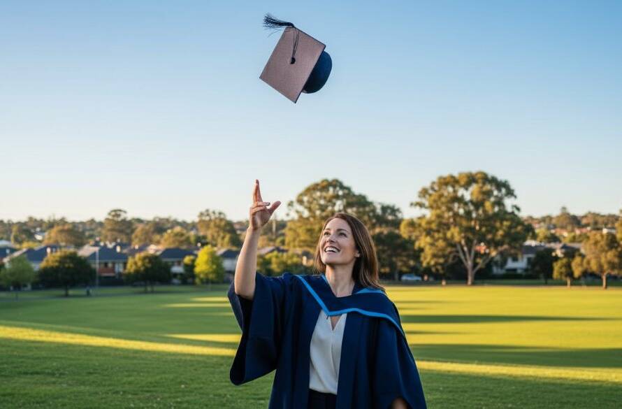 A vibrant 'epic moment' photograph capturing a proud graduate in their cap and gown, joyfully tossing their mortarboard against the stunning backdrop of a bright, sunny Brighton East, showcasing celebratory emotions with dramatic, professional lighting and rich colour grading.