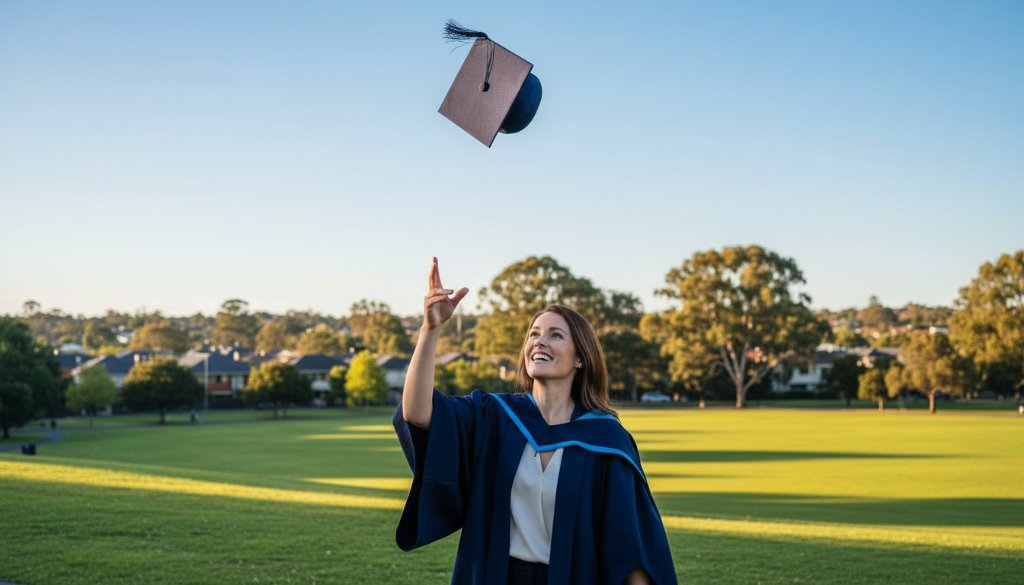 A vibrant 'epic moment' photograph capturing a proud graduate in their cap and gown, joyfully tossing their mortarboard against the stunning backdrop of a bright, sunny Brighton East, showcasing celebratory emotions with dramatic, professional lighting and rich colour grading.