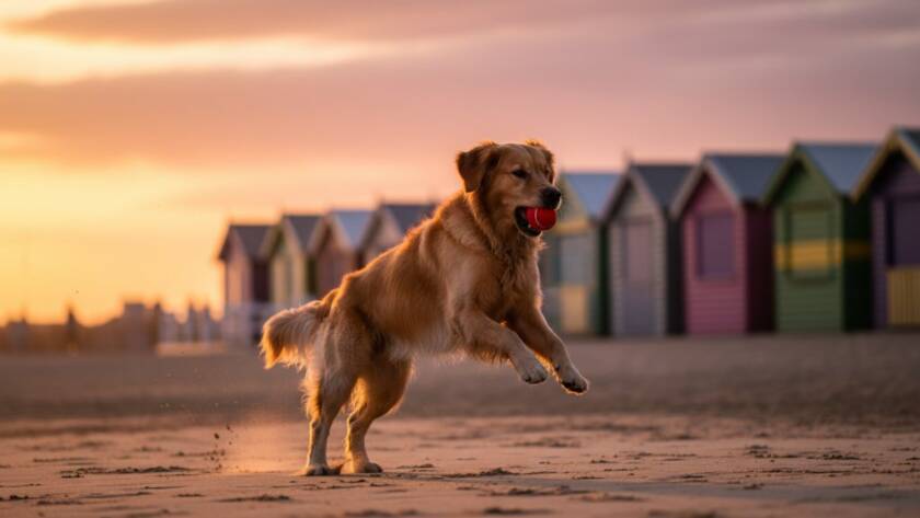 A golden retriever mid-leap, catching a frisbee with pure joy on the sandy foreshore of Brighton East, capturing a Brighton East joyful pet photography session moment with the iconic bathing boxes in the blurred background, bathed in golden hour light.