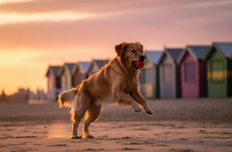 A golden retriever mid-leap, catching a frisbee with pure joy on the sandy foreshore of Brighton East, capturing a Brighton East joyful pet photography session moment with the iconic bathing boxes in the blurred background, bathed in golden hour light.