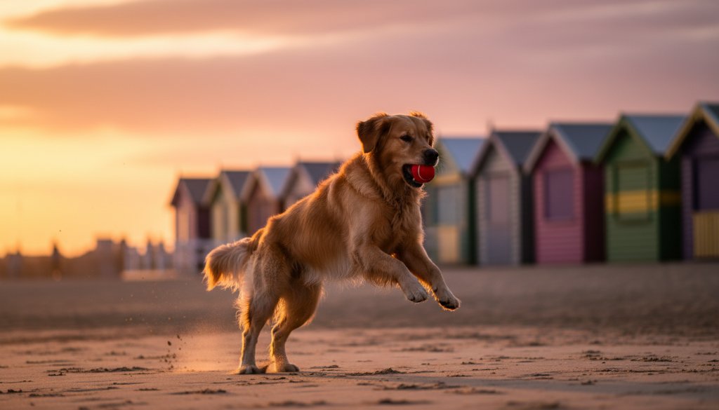 A golden retriever mid-leap, catching a frisbee with pure joy on the sandy foreshore of Brighton East, capturing a Brighton East joyful pet photography session moment with the iconic bathing boxes in the blurred background, bathed in golden hour light.