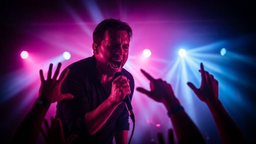 An electrifying close-up of a guitarist mid-solo on stage, bathed in dramatic red and blue stage lights, capturing the raw energy of Brighton East live music photography expertise at a local venue.