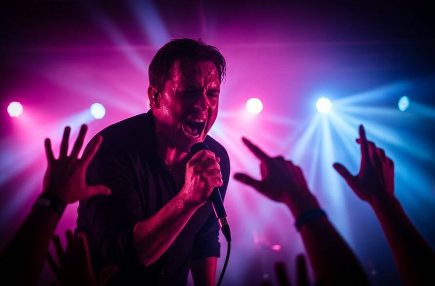 An electrifying close-up of a guitarist mid-solo on stage, bathed in dramatic red and blue stage lights, capturing the raw energy of Brighton East live music photography expertise at a local venue.